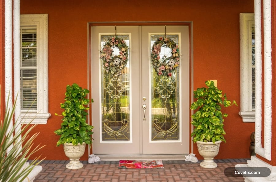 A front entrance with rolled towels stuffed under the doors