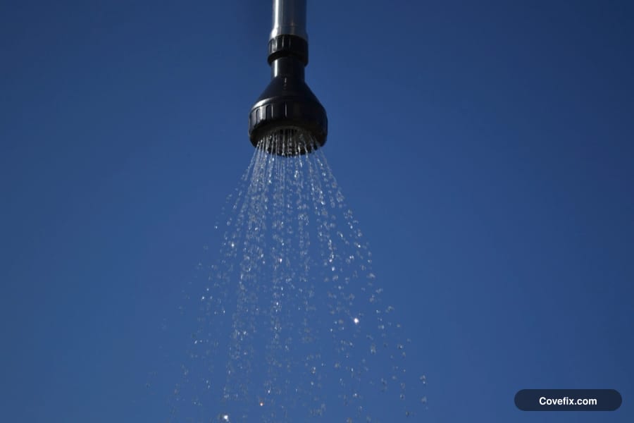 A shower head spraying strong, even streams of water