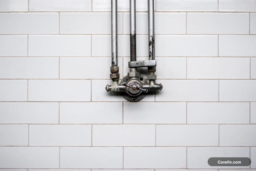 Water shutoff valves and supply pipes on a tiled wall